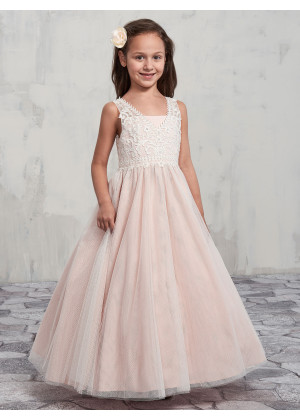 Beaded V Neck Lace Tulle Charming Flower Girl Dress